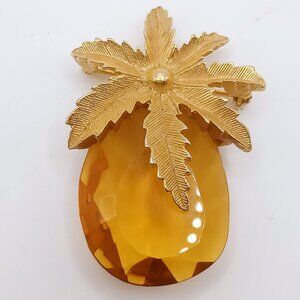 Vintage Sarah Coventry Brooch Pendant Design Amber Glass Stone Gold-plated Leaf